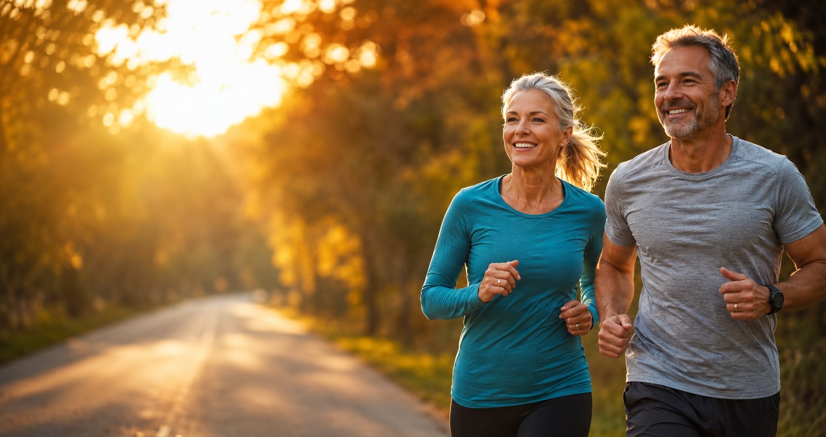 A fit man and woman in their late fifties running together on a tree-lined road in golden autumn light