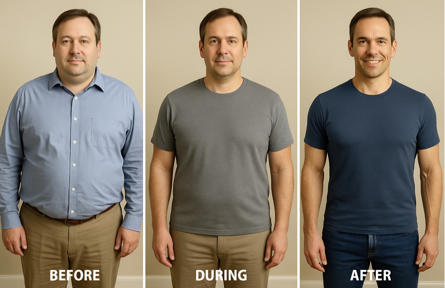 AI-generated before, during, and after weight-loss transformation